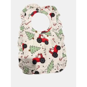Holiday Red Tractor Christmas Tree‎ Ruffle Baby Bib Snap Closure White